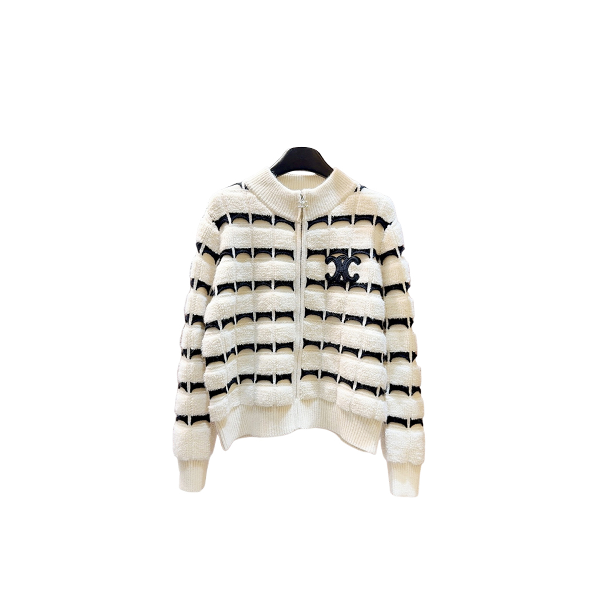 CELINE STRIPED PATCHWORK STAND COLLAR COAT 